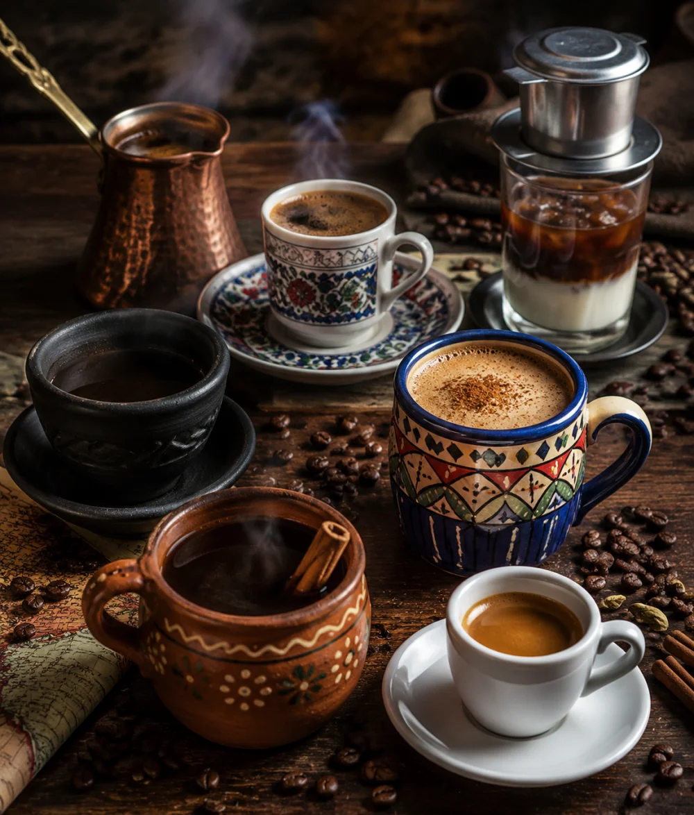 A cluttered table of coffee traditions: a copper cezve, Turkish kahve in a floral porcelain cup, a Vietnamese phin dripping over ice and condensed milk, a dark clay cup, a spiced coffee in a painted mug, a terracotta mug of Mexican café de olla with a cinnamon stick, and a straight espresso.